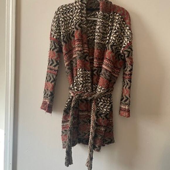 Free People Iona Long Belted Cardigan XS Heavy Knit Distressed Boho Wool Alpaca - Picture 2 of 14